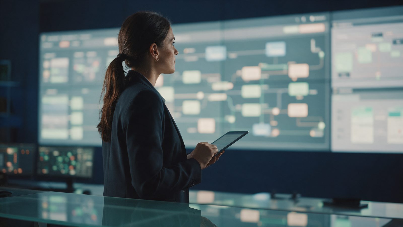 Operations manager reviewing automated workflows on a wall of screens