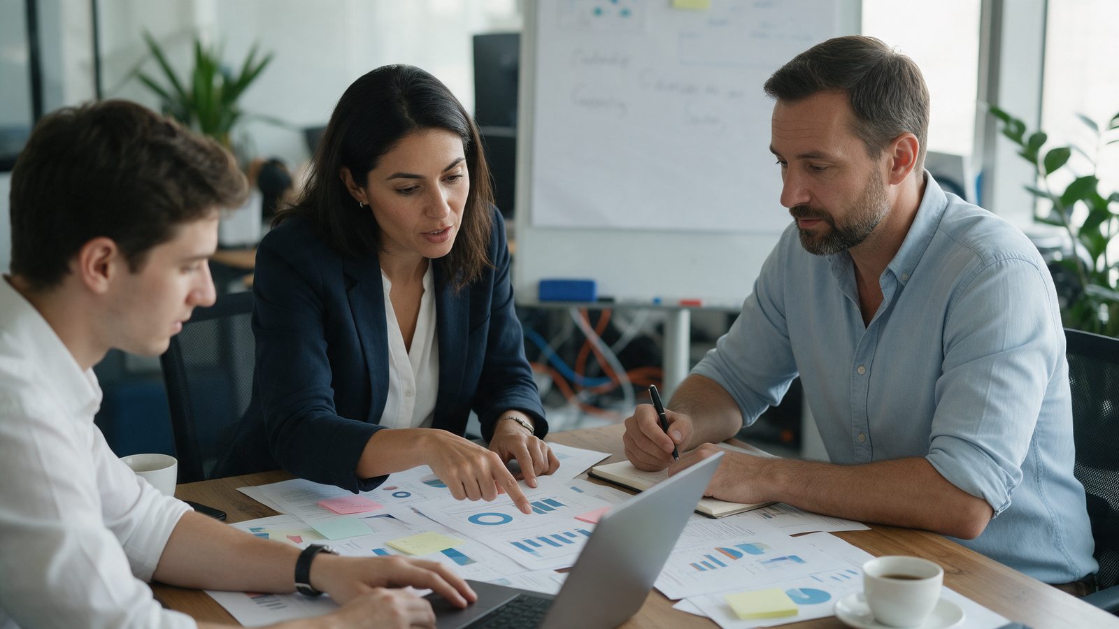 A small team working through printed business data