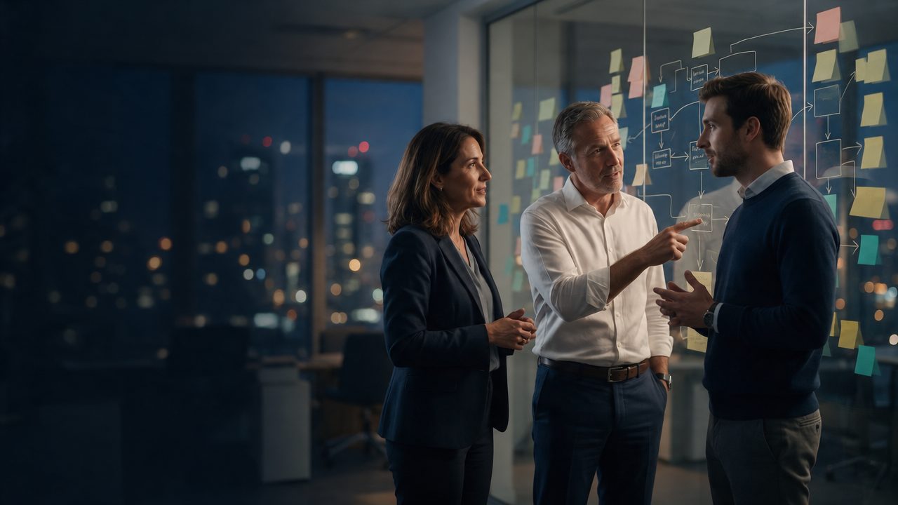 A leadership team mapping its business process on a glass wall
