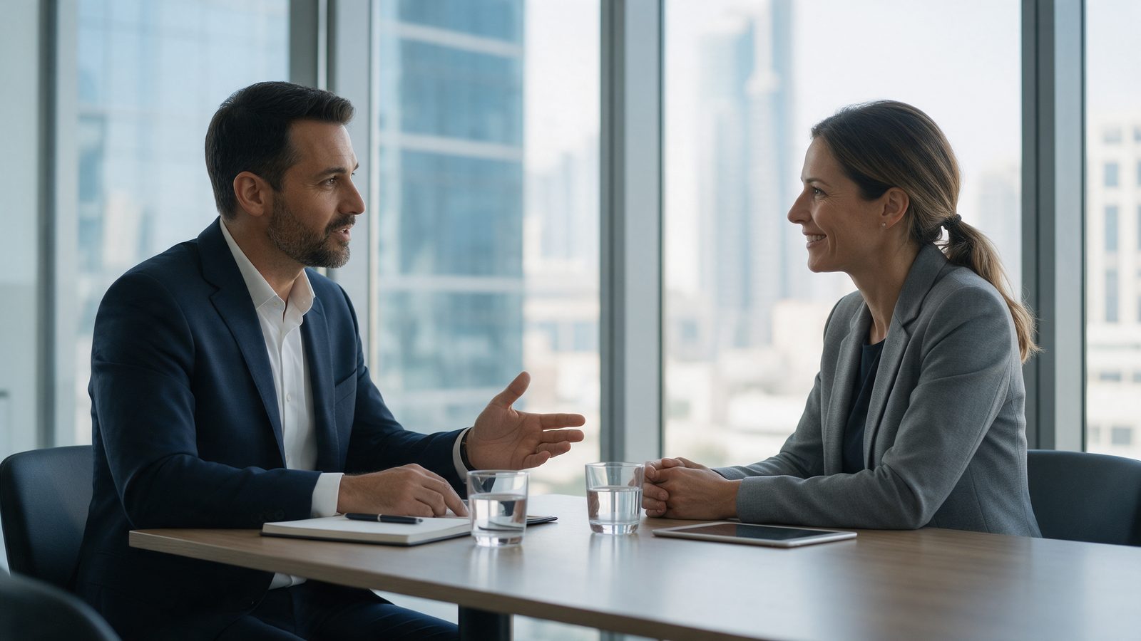 A consultant presenting to a client in a Dubai office