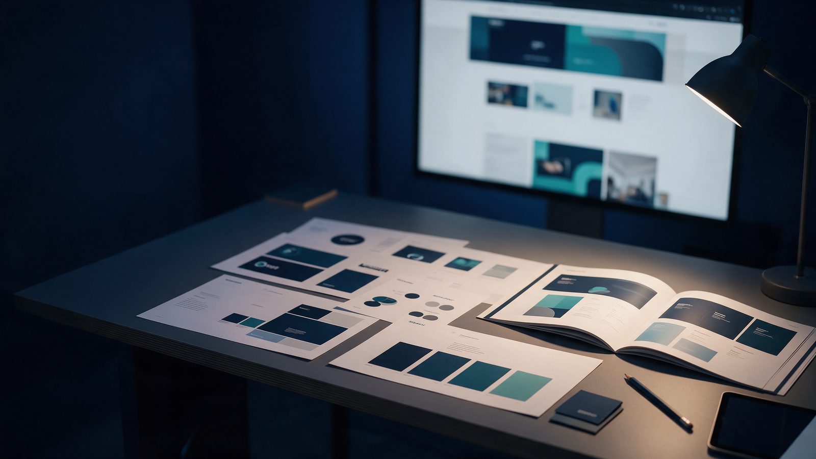 Brand identity sheets, presentation and website layout on a designer desk
